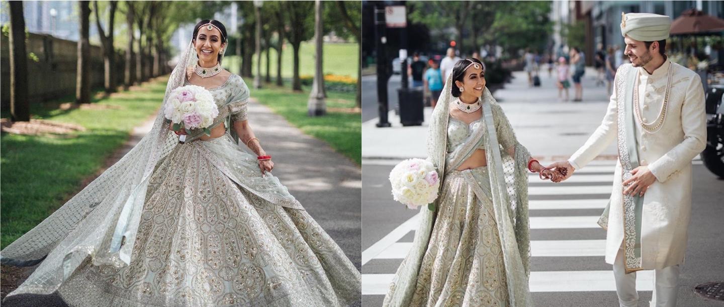 NRI Bride Ditches Traditional Red, Stuns In Pastel Green Lehenga At Her Wedding